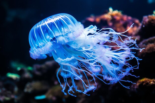 Nahaufnahme einer blauen Qualle im Wasser