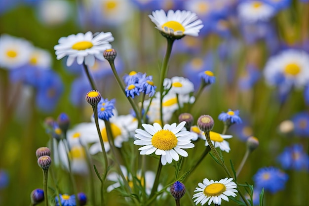 Nahaufnahme einer blühenden Kamille mit Kornblumen im Hintergrund