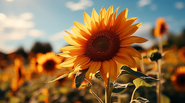 Nahaufnahme einer blühenden Sonnenblume mit Sonnenlichteffekt auf der Seite der Blume
