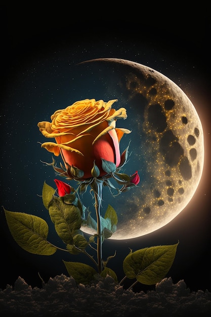 Nahaufnahme einer Blume mit einem Mond im Hintergrund Generative KI