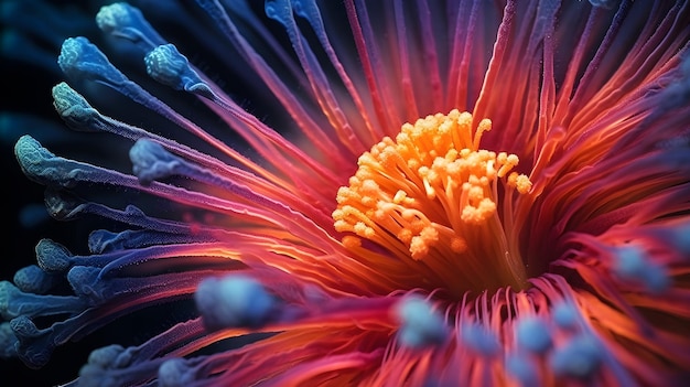 Nahaufnahme einer Blume unter dem Mikroskop, rote und gelbe Tapete