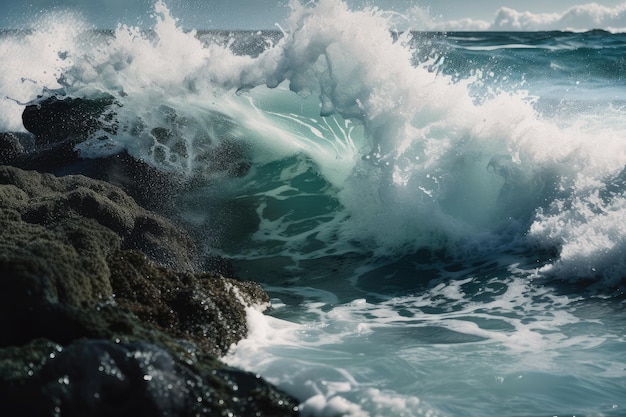 Nahaufnahme einer brechenden Welle mit fliegendem Wasser und Schaum