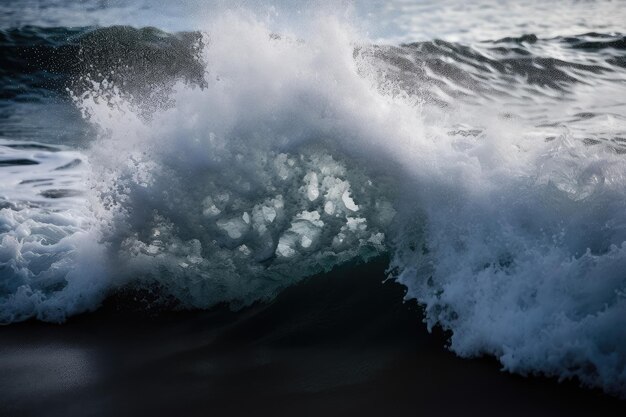 Nahaufnahme einer brechenden Welle mit in der Luft fliegenden Tröpfchen und Schaum