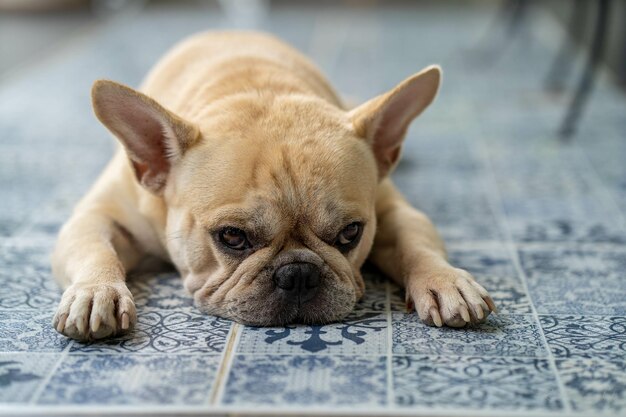 Nahaufnahme einer Bulldogge mit süßer Schnauze, die auf dem Boden liegt und in die Kamera starrt