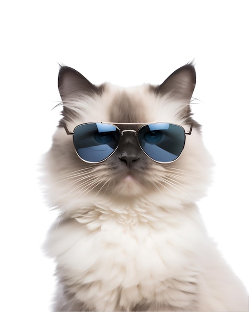 Nahaufnahme einer coolen Katze, die mit Brille posiert und isoliert auf weißem Hintergrund cool aussieht