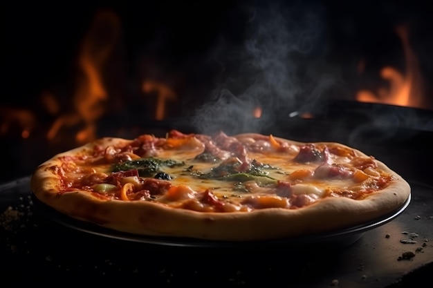 Nahaufnahme einer dampfend heißen Pizza aus dem Holzofen auf einem Holzteller. Generative KI