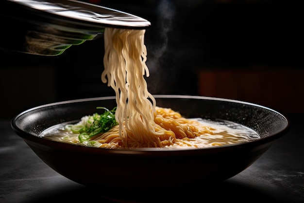 Nahaufnahme einer dampfenden Schüssel Ramen mit Wirbeln aus Brühe und Nudeln, hergestellt mit generativer KI