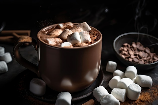 Nahaufnahme einer dampfenden Tasse heißer Schokolade mit Marshmallows und Zimt an der Seite