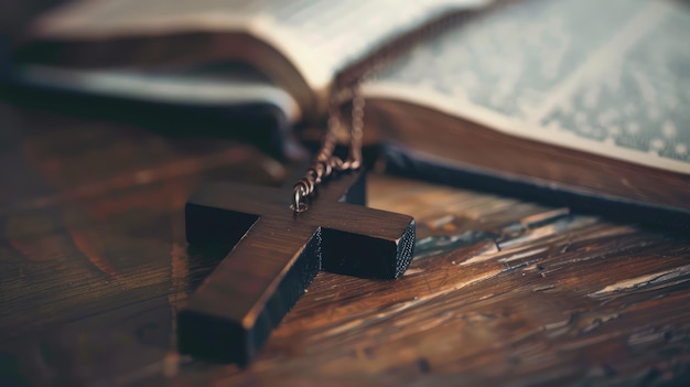 Nahaufnahme einer einfachen hölzernen christlichen Kreuzkette auf Bibel-Vintage-Ton-Gott