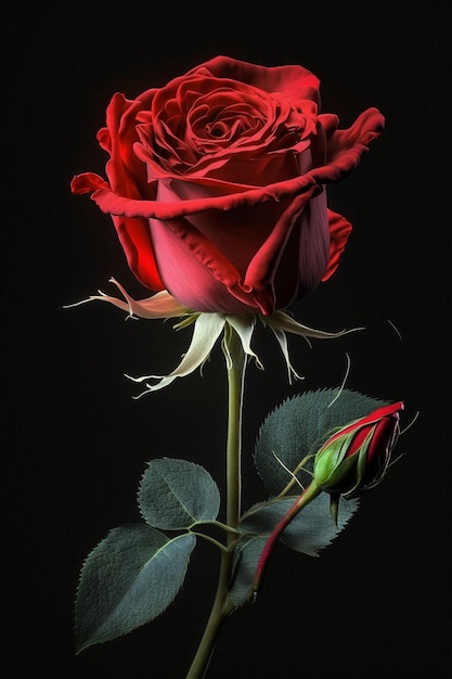 Nahaufnahme einer einzelnen roten Rose auf schwarzem Hintergrund, generative KI