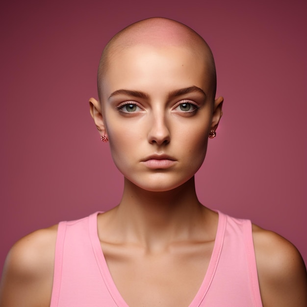 Nahaufnahme einer entschlossenen jungen Frau mit rasiertem Kopf und rosa Stirnband