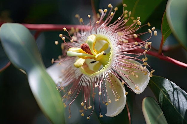 Nahaufnahme einer Eukalyptusblüte mit sichtbaren Blütenblättern und Nektar