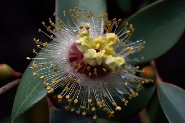 Nahaufnahme einer Eukalyptusblüte mit sichtbaren komplizierten Details