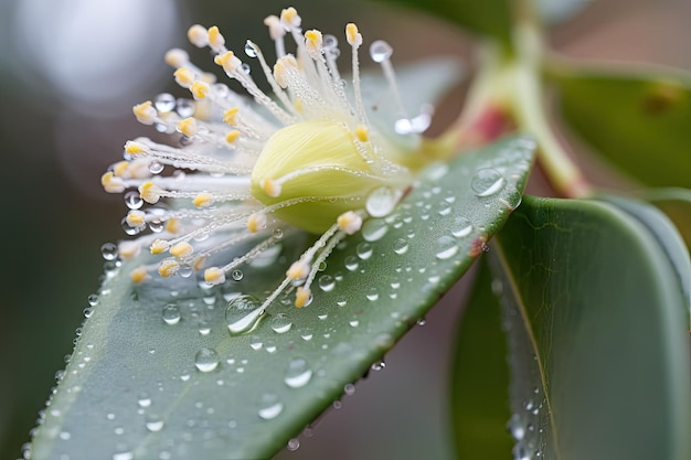 Nahaufnahme einer Eukalyptusblüte mit Tautropfen auf den Blütenblättern