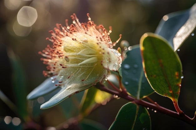 Nahaufnahme einer Eukalyptusblüte mit Tautropfen und Morgensonnenstrahlen