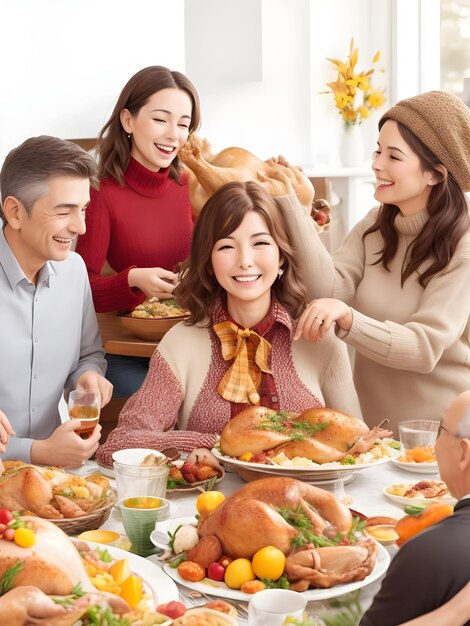 Nahaufnahme einer Familie, die beim Thanksgiving-Dinner im Speisesaal feiert. Multiethnische Familie genießt das Essen