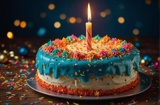 Nahaufnahme einer festlichen Geburtstagskuche mit lebendigen Spritzen und brennenden Kerzen