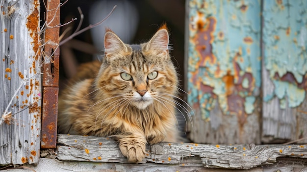 Nahaufnahme einer flauschigen Tabby-Katze, die sich auf einer alten rustikalen Fensterbank mit schälender Farbe entspannt