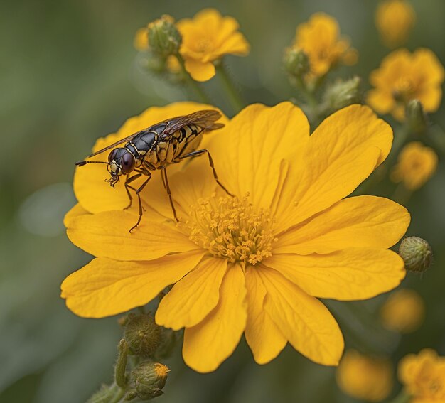 Nahaufnahme einer Fliege auf einer gelben Marigoldblume