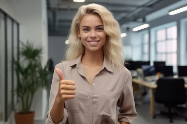 Foto nahaufnahme einer frau bei der arbeit, die mit erhobenem daumen lächelt