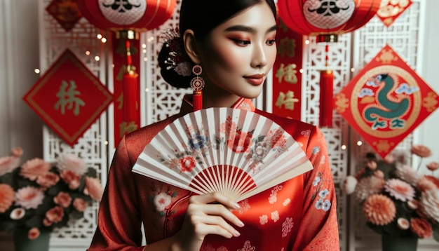 Nahaufnahme einer Frau, deren Eleganz in einem leuchtend roten Qipao strahlt, die einen zarten Papierventilator mit komplizierten Mustern hält