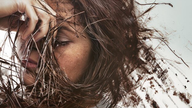 Nahaufnahme einer Frau, deren Haare im Wind wehen, die Haarpflege und -styling zeigt