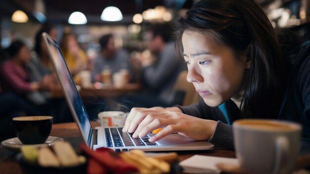 Nahaufnahme einer Frau, die auf einem Laptop in einem Café tastet