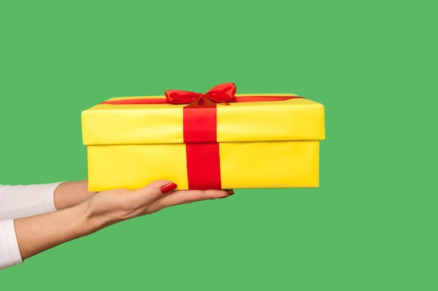 Nahaufnahme einer Frau, die eine Geschenkbox mit rotem Band hält, die zum Geburtstagsgeschenk gratuliert und die festliche Tradition der Weihnachtsfeiertage feiert, die auf grünem Hintergrund isoliert ist