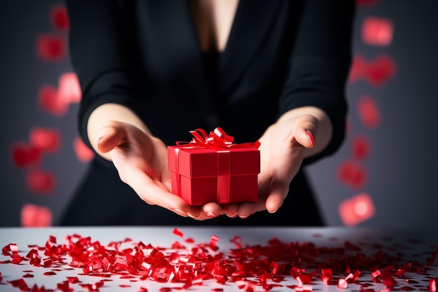 Foto nahaufnahme einer frau, die eine geschenkkiste mit rotem herz-konfetti hält