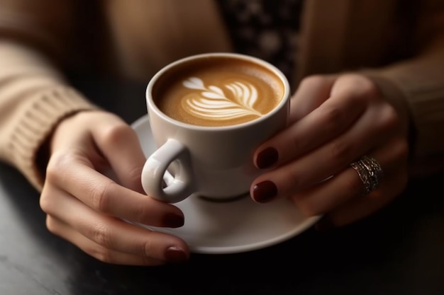 Nahaufnahme einer Frau, die eine Tasse Kaffee Latte hält