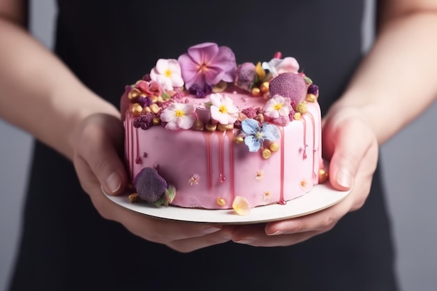 Nahaufnahme einer Frau, die einen rosa Kuchen hält, der mit Blumen Ai generativ geschmückt ist