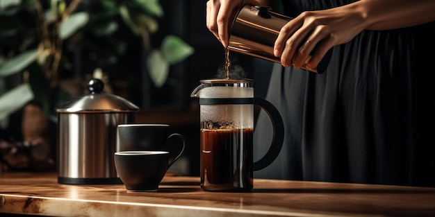 Nahaufnahme einer Frau, die Kaffee aus einer French Press Generative AI in eine Tasse gießt