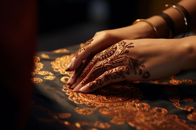 Foto nahaufnahme einer frau, die komplizierte mehndi herstellt generative ai