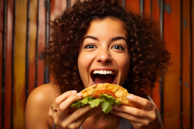 Foto nahaufnahme einer frau, die leckere taco isst