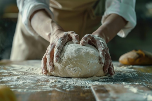 Nahaufnahme einer Frau, die Teig für hausgemachtes Brot knetet