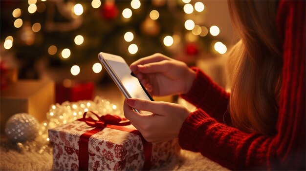 Nahaufnahme einer Frau, die Weihnachtsgeschenke mit einem Smartphone fotografiert