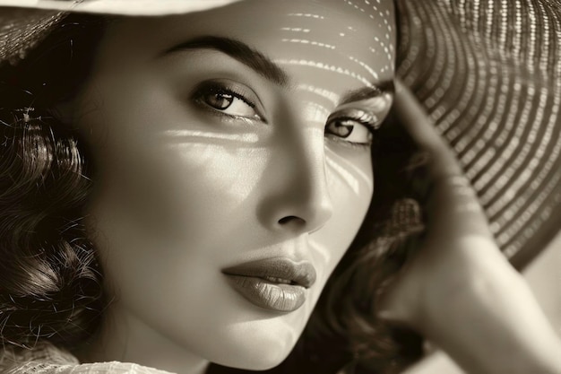 Nahaufnahme einer Frau in Sepia-Tönen, die klassische Eleganz ausstrahlt, mit ihrem Blick, der von einem stilvollen Hut beschattet ist
