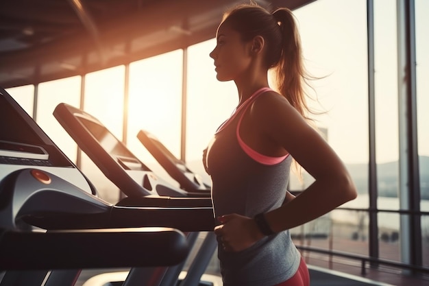 Nahaufnahme einer Frau in Sportkleidung, die im Fitnessstudio auf dem Laufband läuft