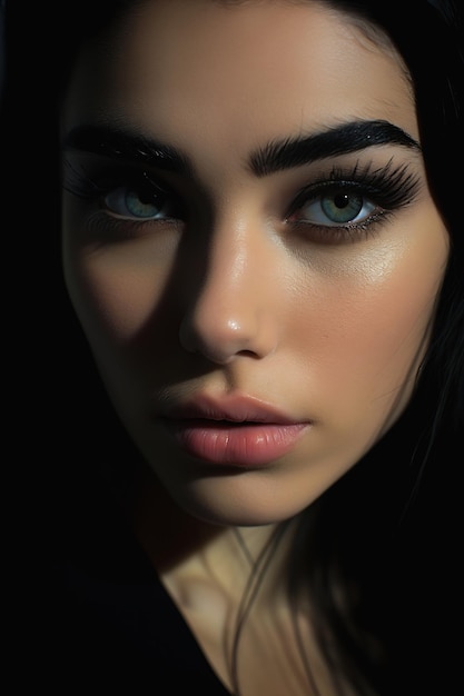 Nahaufnahme einer Frau, langes schwarzes Haar, blaue Augen, Produktbeleuchtung, weiblich, groß, kräftig, dicke Augenbrauen, jung, sexy