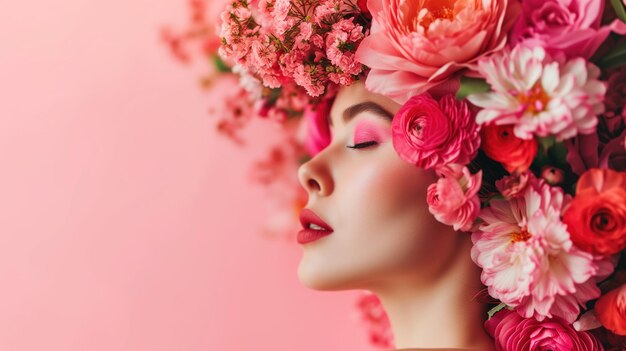 Nahaufnahme einer Frau mit einem floralen Kopfschmuck auf einem rosa Hintergrund