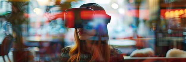 Nahaufnahme einer Frau mit einem Virtual-Reality-Headset mit verschwommenem Café-Hintergrund VR-Technologie