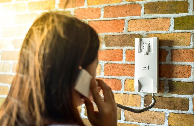 Foto nahaufnahme einer frau mit intercom am eingang des gebäudes