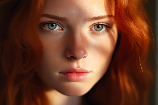 Nahaufnahme einer Frau mit roten Haaren und blauen Augen
