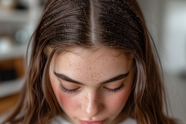 Foto nahaufnahme einer frau mit schuppen im haar