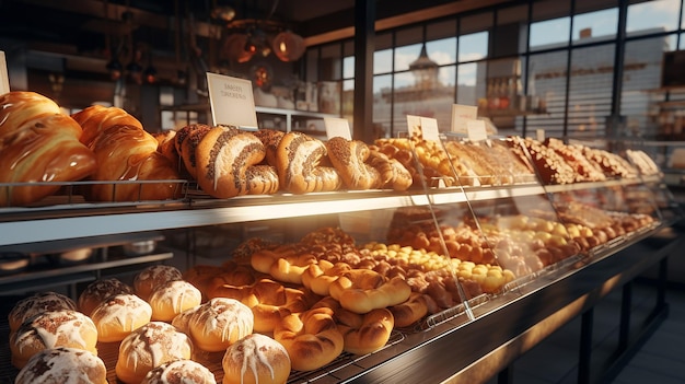 Nahaufnahme einer frisch gebackenen Bäckerei und eines Croissants im Hypermarkt