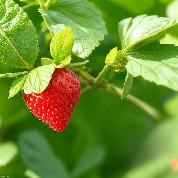 Nahaufnahme einer frischen Erdbeere auf einem Busch mit grünen Blättern, die im Garten wachsen