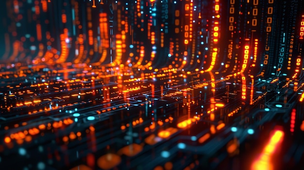 Nahaufnahme einer futuristischen Leiterplatte mit leuchtenden Lichtern, die fortschrittliche Technologie präsentieren