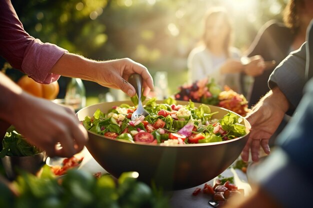 Nahaufnahme einer Gabel voller Salat, die aus einer Schüssel gehoben wird