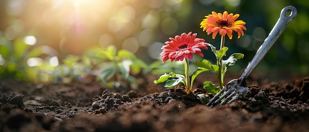 Nahaufnahme einer Gartengabel und lebendiger farbenfroher Frühlingsblumen mit Platz für Text oder Gartenwerkzeuge Produkte Hintergrund Generative KI