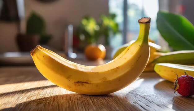 Nahaufnahme einer gelben Banane in der Küche, lebendige tropische Frucht